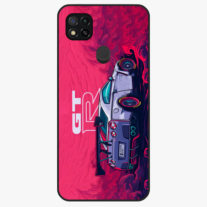 GT-R Car Pattern Glass Case showing flat back view with sporty car inspired pattern artwork and glossy glass finish.