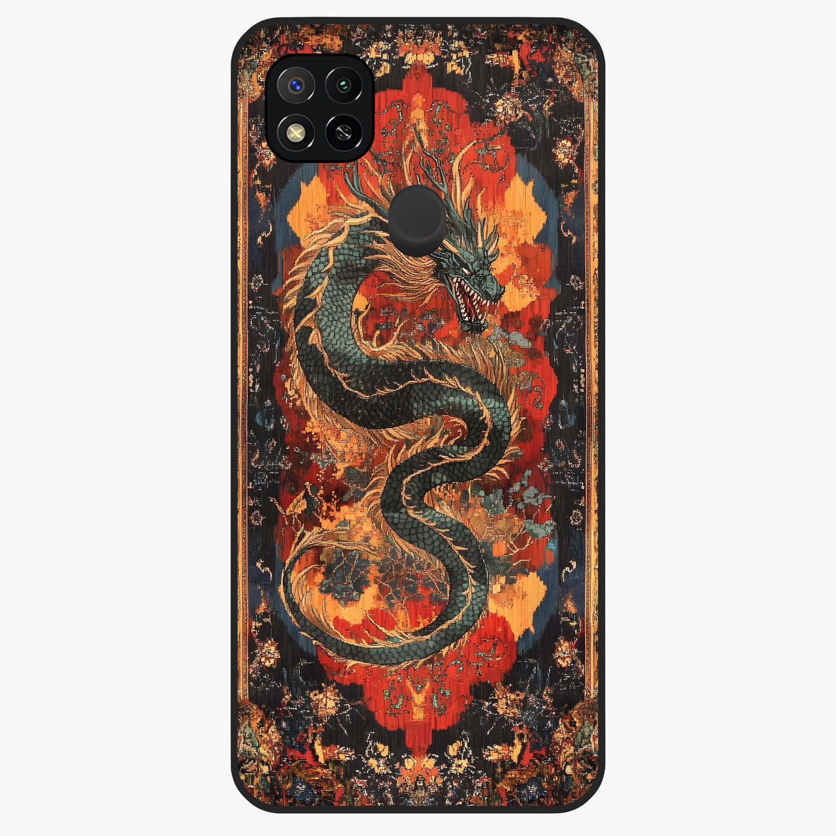Inferno Dragon Soul Glass Case showing flat back view with fiery dragon artwork and glossy glass finish.