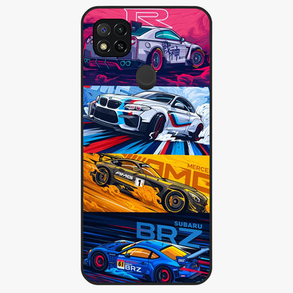 JDM Sports Car Glass Case showing flat back view with high performance sports car artwork and glossy glass finish.