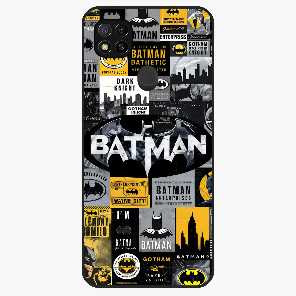 Knight Gotham Rise Glass Case showing flat back view with dark hero inspired artwork and glossy glass finish.