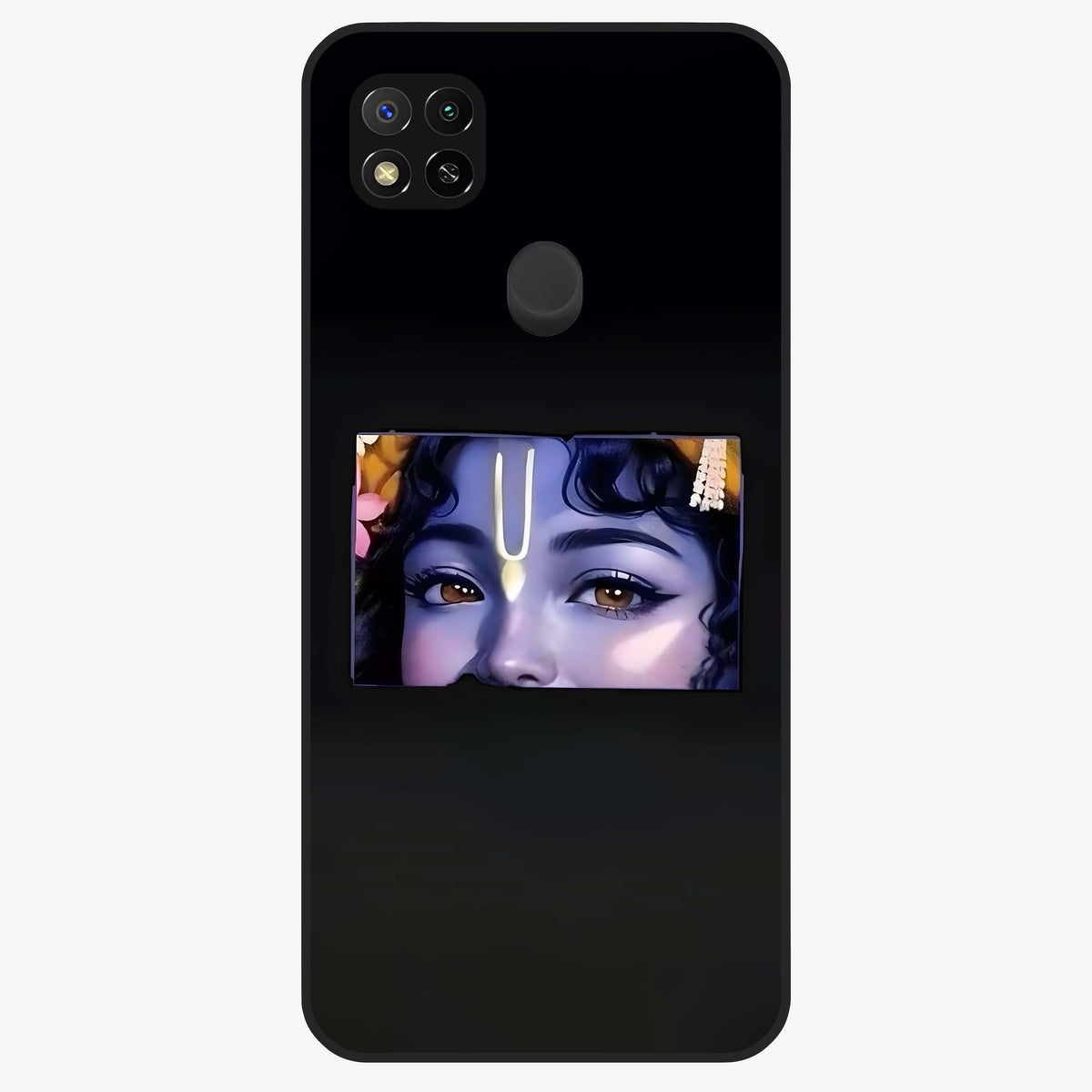 Krishna Divine Embrace Glass Case showing flat back view with Lord Krishna devotional artwork and glossy glass finish.
