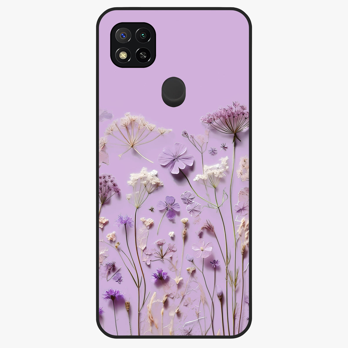 Lavender Blossom Dream Glass Case showing flat back view with soft lavender floral artwork and glossy glass finish.