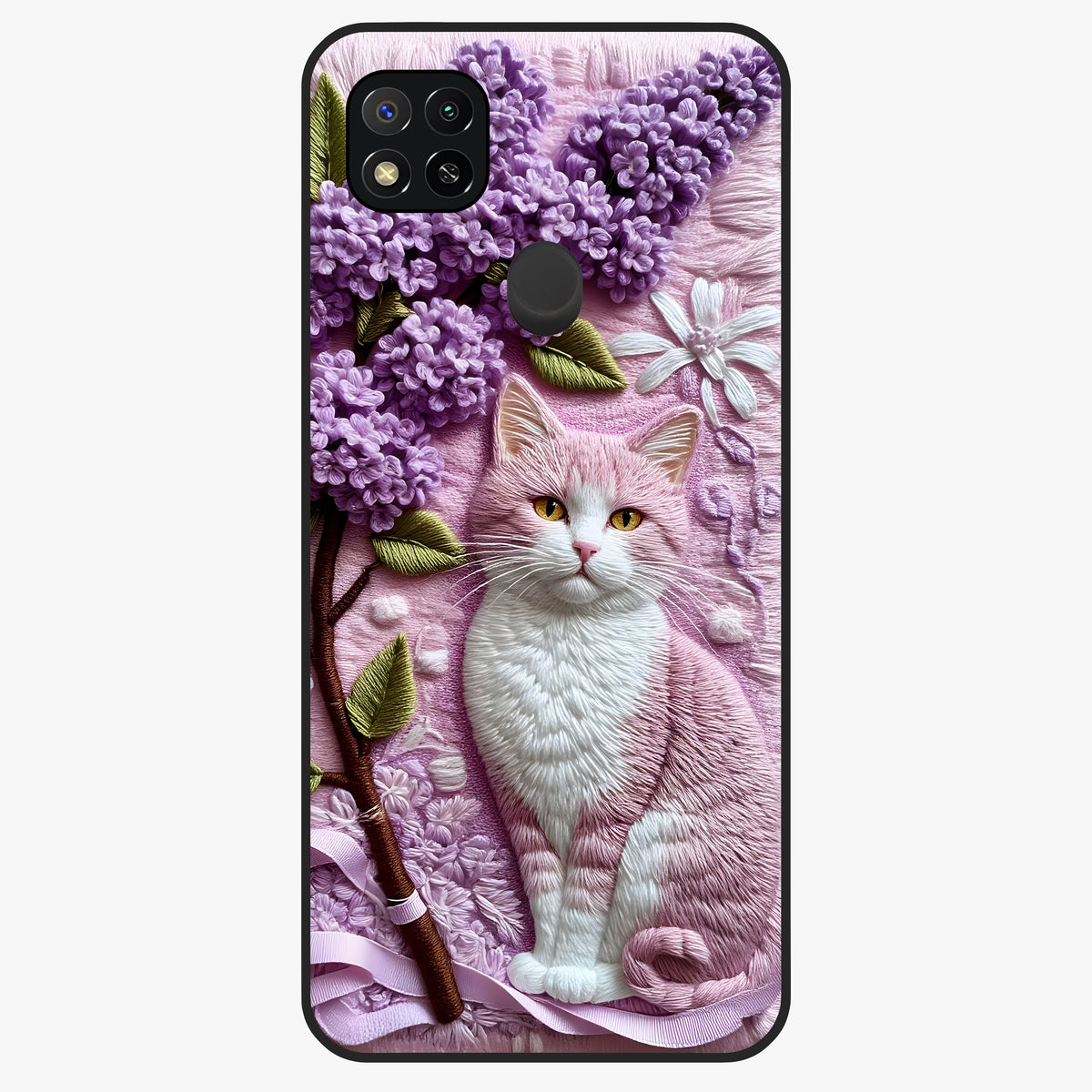 Lavender Cat Whimsy Glass Case showing flat back view with cute lavender cat artwork and glossy glass finish.