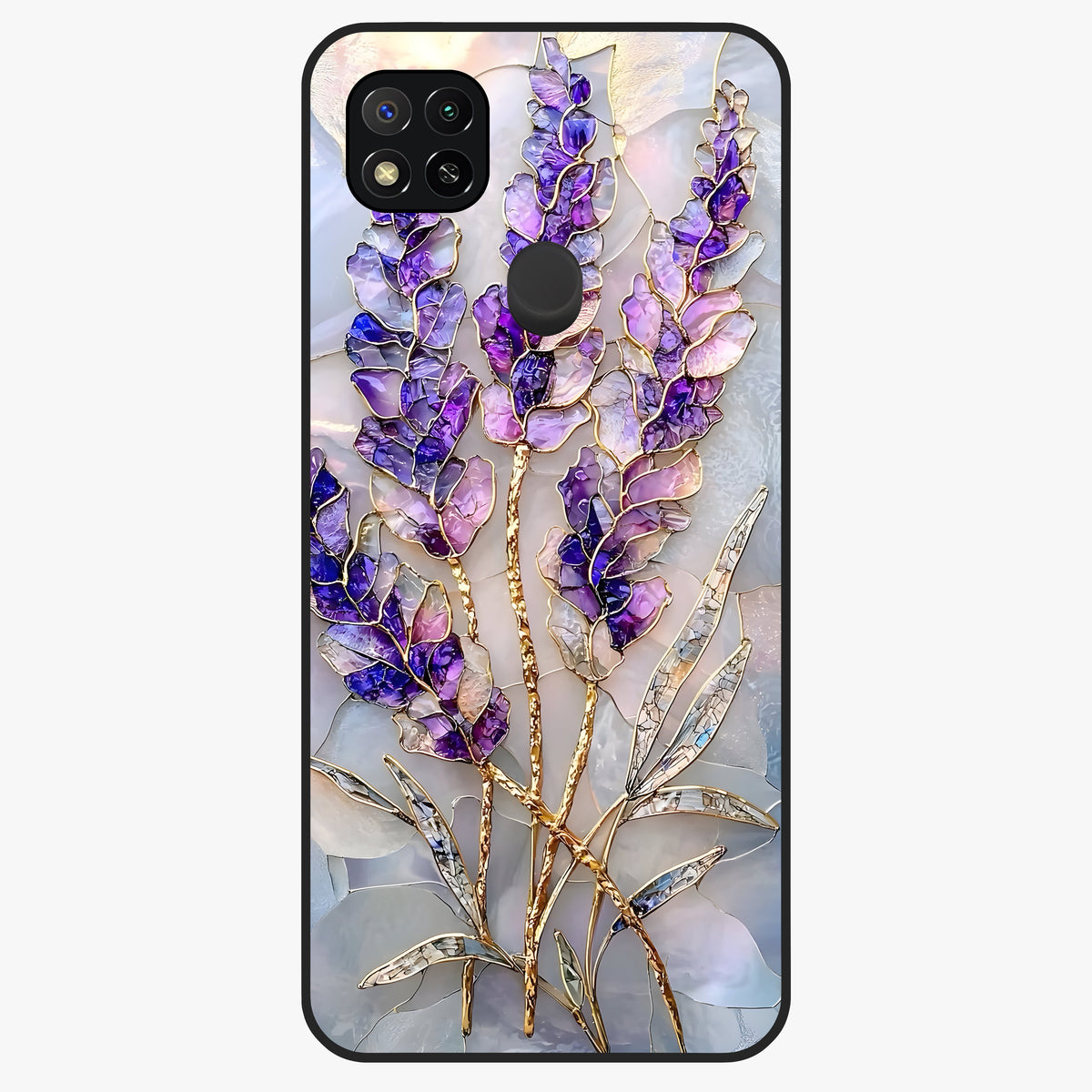Lavender Dream Glow Glass Case showing flat back view with glowing lavender aesthetic artwork and glossy glass finish.