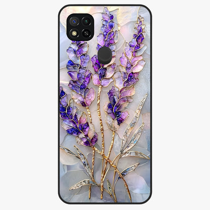 Lavender Dream Glow Glass Case showing flat back view with glowing lavender aesthetic artwork and glossy glass finish.