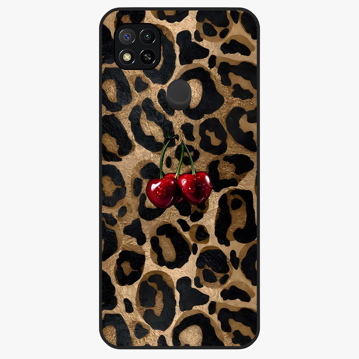 Leopard Wild Cherry Glass Case showing flat back view with leopard pattern and cherry artwork and glossy glass finish.