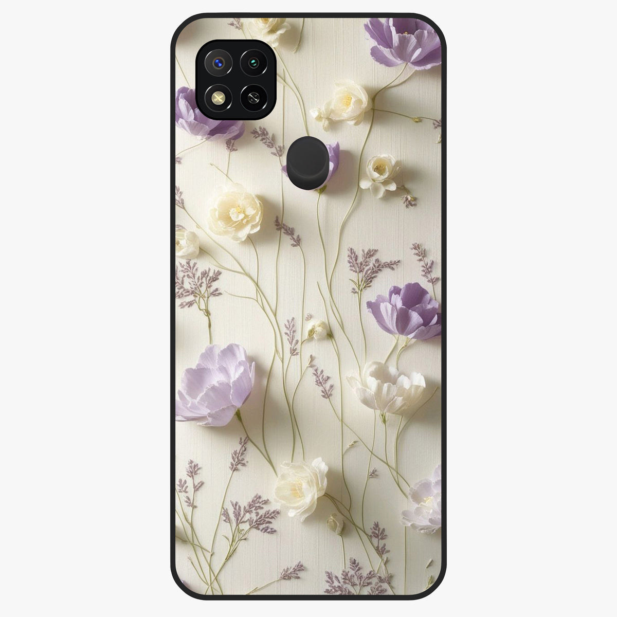 Lilac Breeze Harmony Glass Case showing flat back view with soft lilac themed artwork and glossy glass finish.
