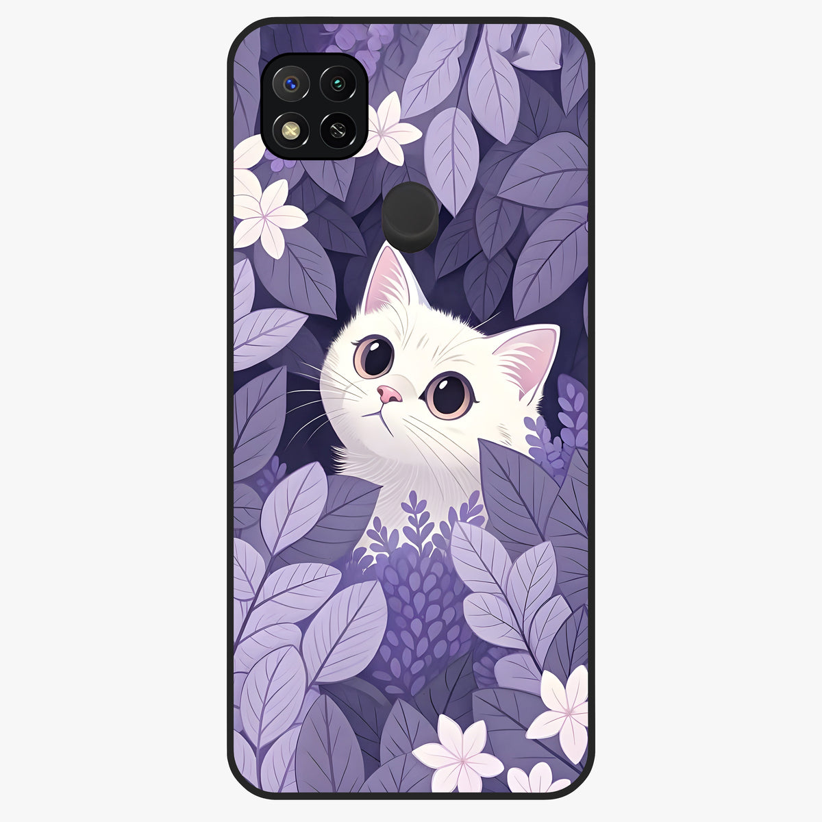 Lilac Hide Peek Cat Glass Case showing flat back view with cute peeking cat artwork and glossy glass finish.