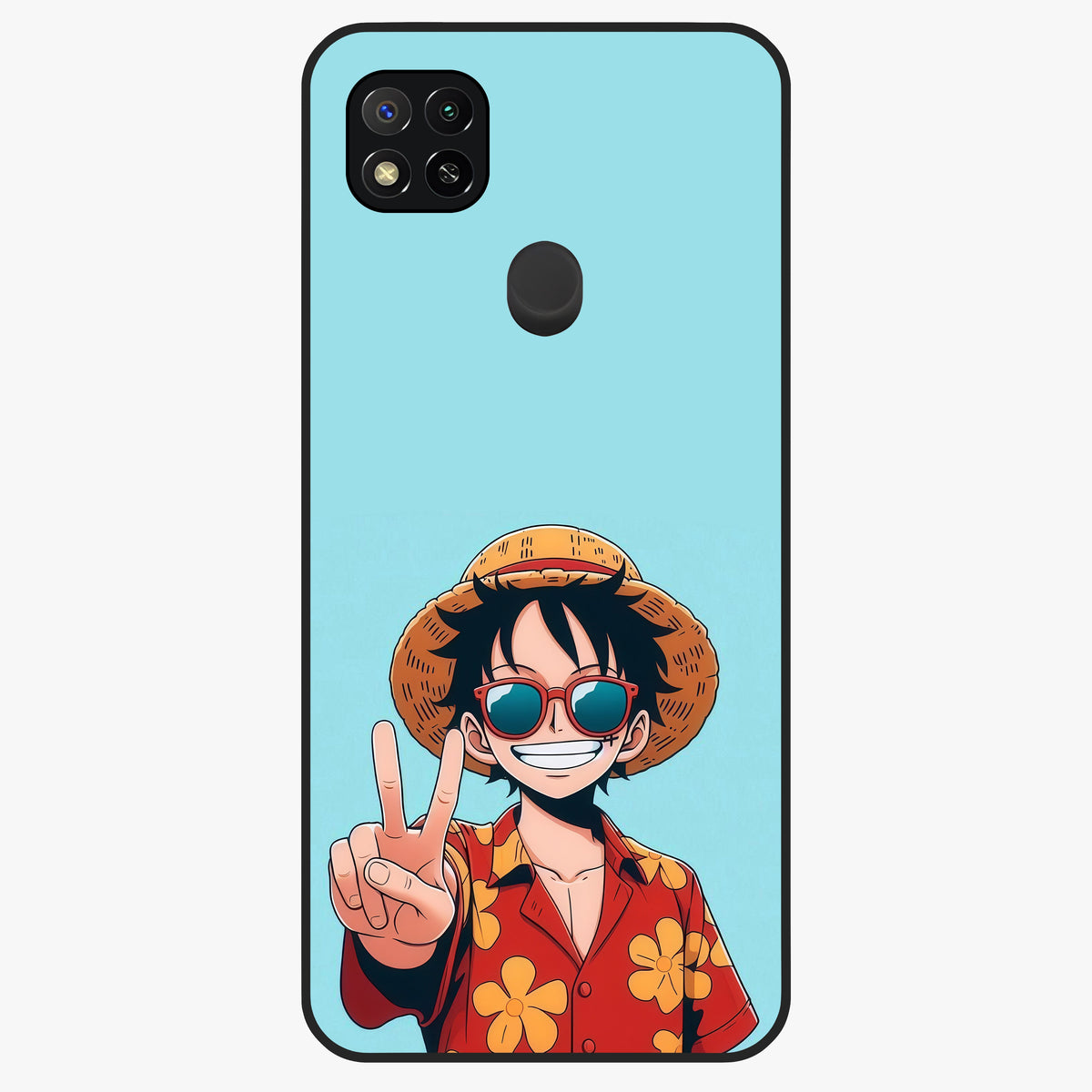 Luffy Summer Anime Vibe Glass Case showing flat back view with vibrant anime character artwork and glossy glass finish.