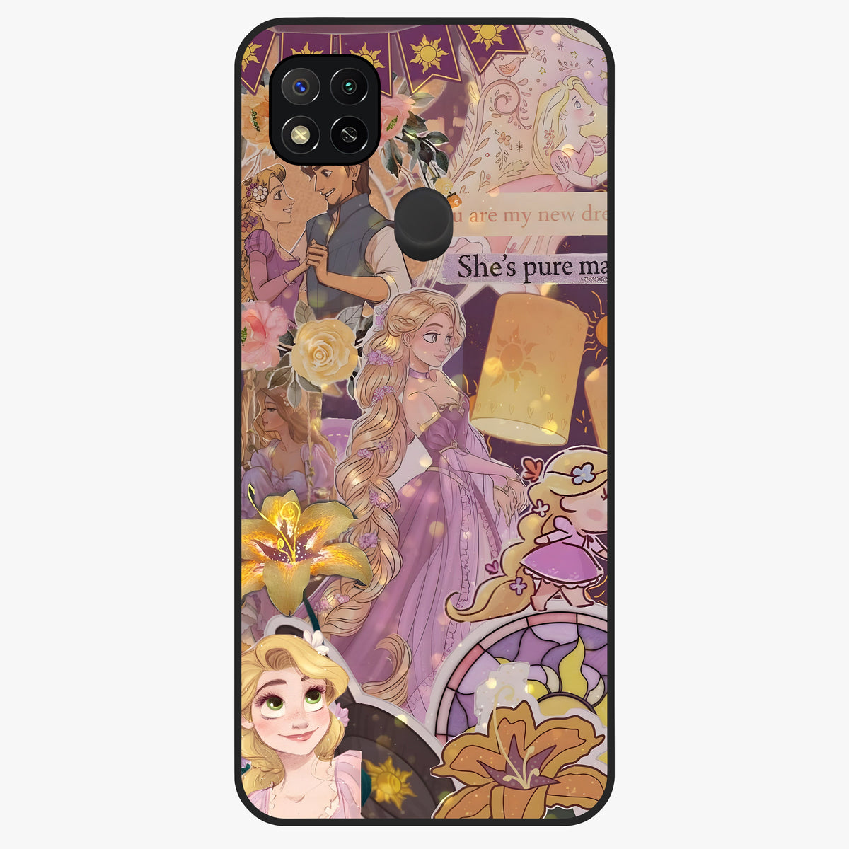 Magical Tangled Dream Glass Case showing flat back view with dreamy tangled artwork and glossy glass finish.