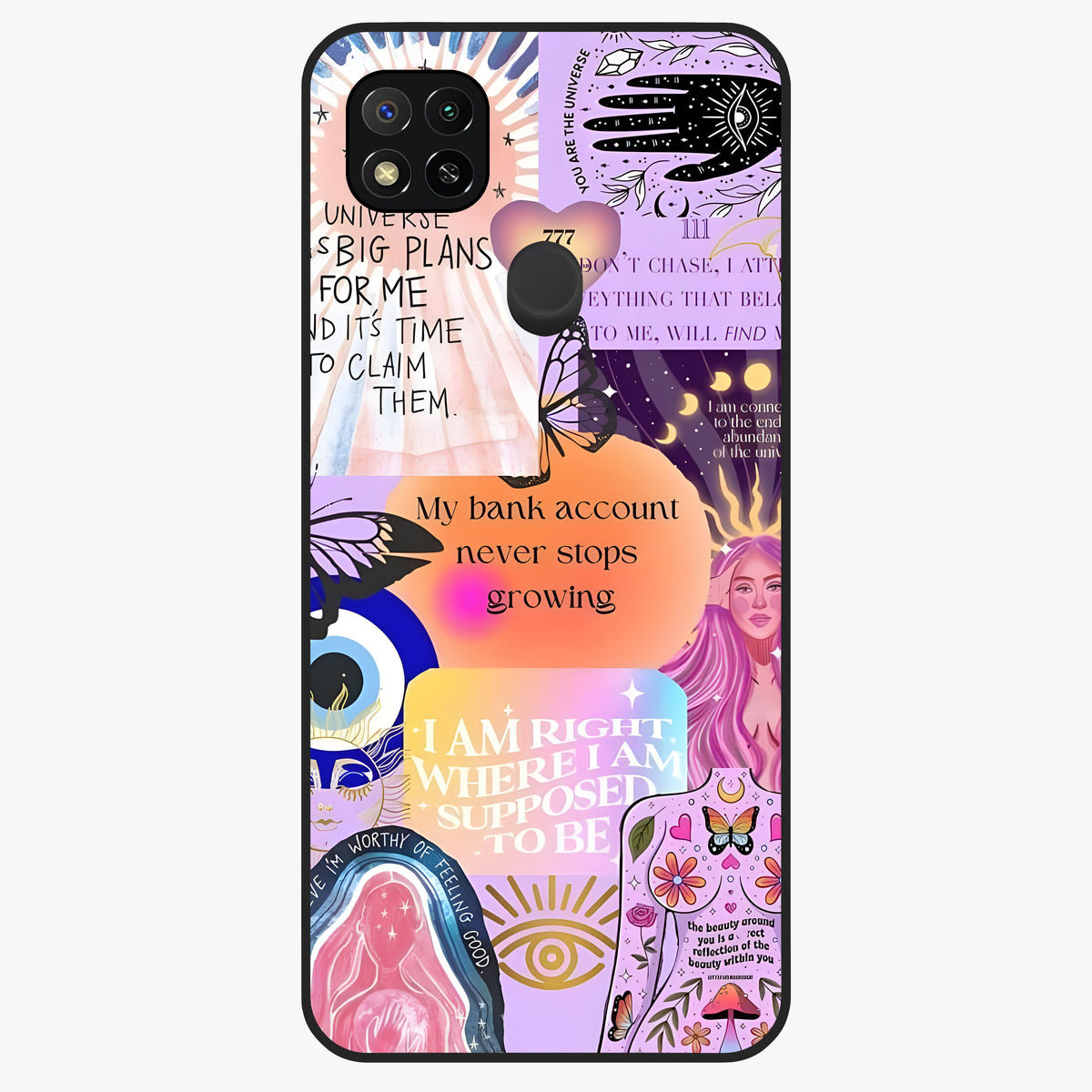 Manifestation Collage Glass Case showing flat back view with motivational collage artwork and glossy glass finish.
