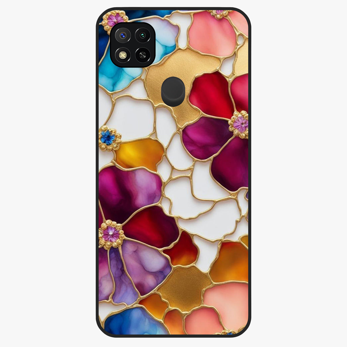 Marble Flower Pattern Glass Case showing flat back view with marble texture floral artwork and glossy glass finish.