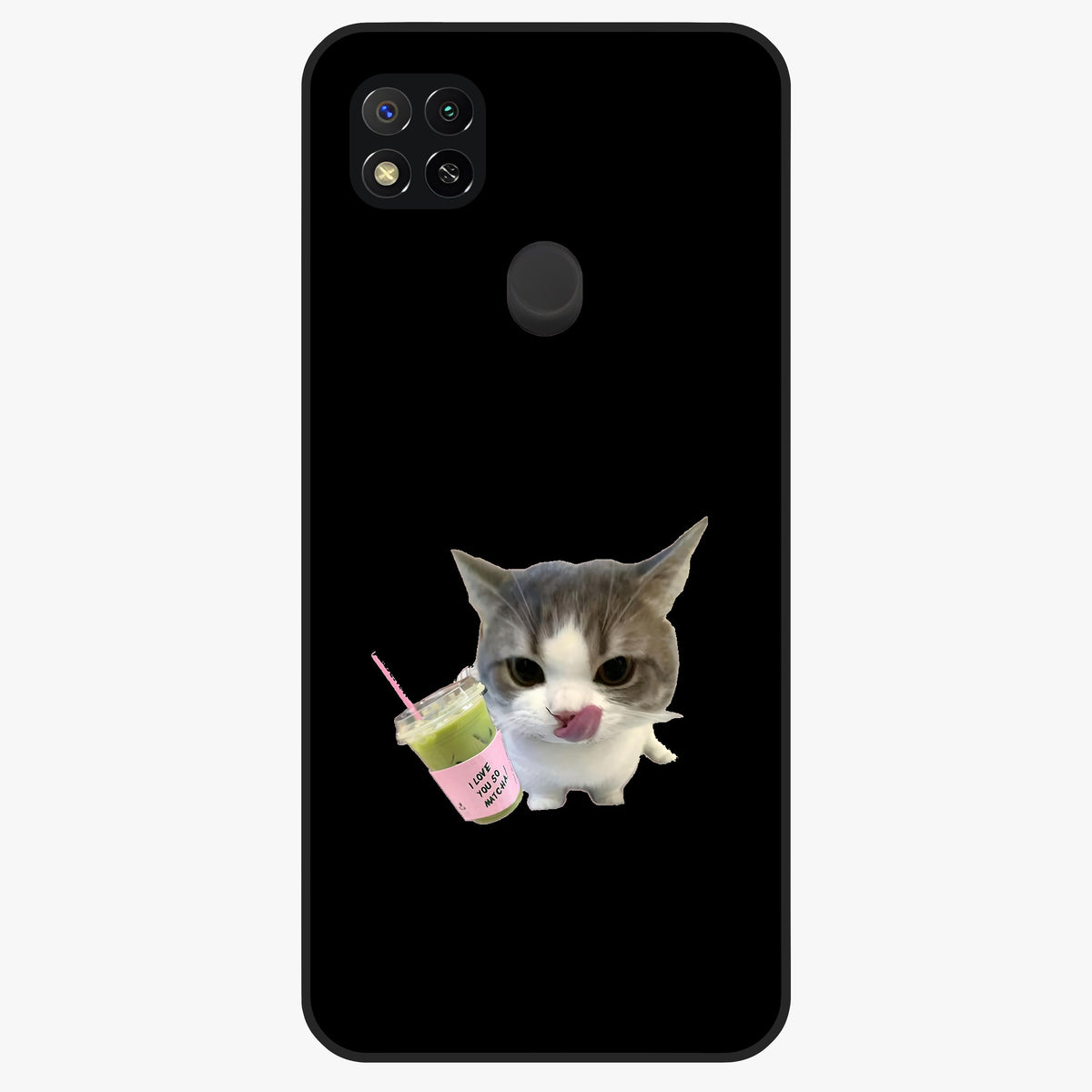 Matcha Cat Style Glass Case showing flat back view with cute matcha themed cat artwork and glossy glass finish.