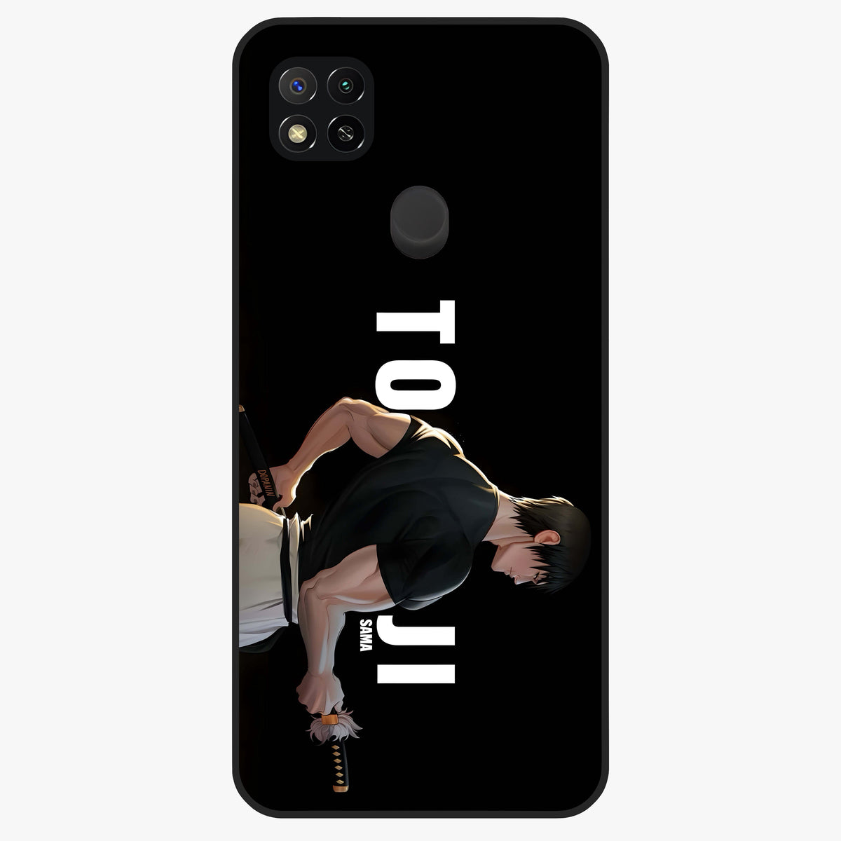 Midnight Blade Resolve Glass Case showing flat back view with dark warrior sword artwork and glossy glass finish.