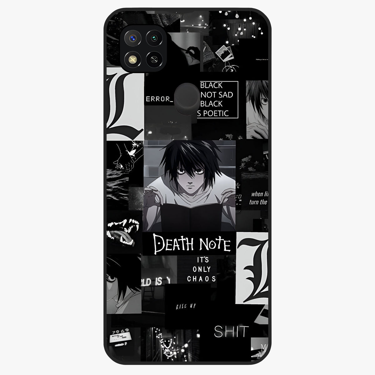 Midnight Chaos Mind Glass Case showing flat back view with abstract dark themed artwork and glossy glass finish.