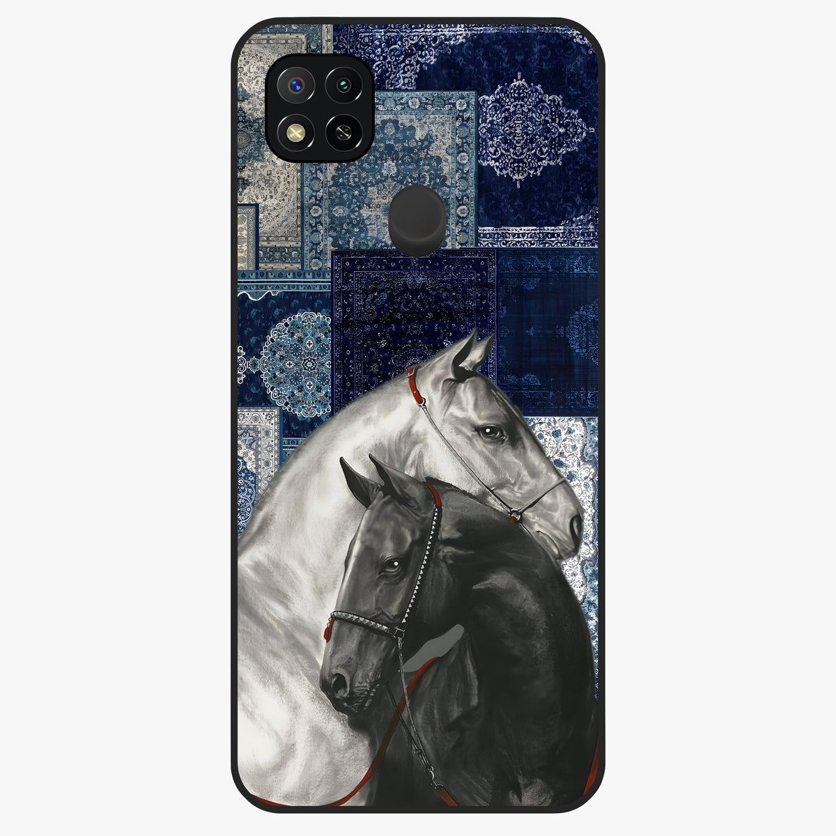 Midnight Stallion Blues Glass Case showing flat back view with majestic horse artwork and glossy glass finish.