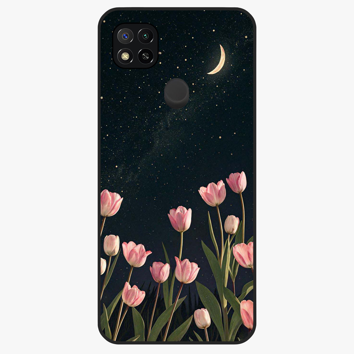 Midnight Tulip Whispers Vibe Glass Case showing flat back view with elegant tulip flower artwork and glossy glass finish.