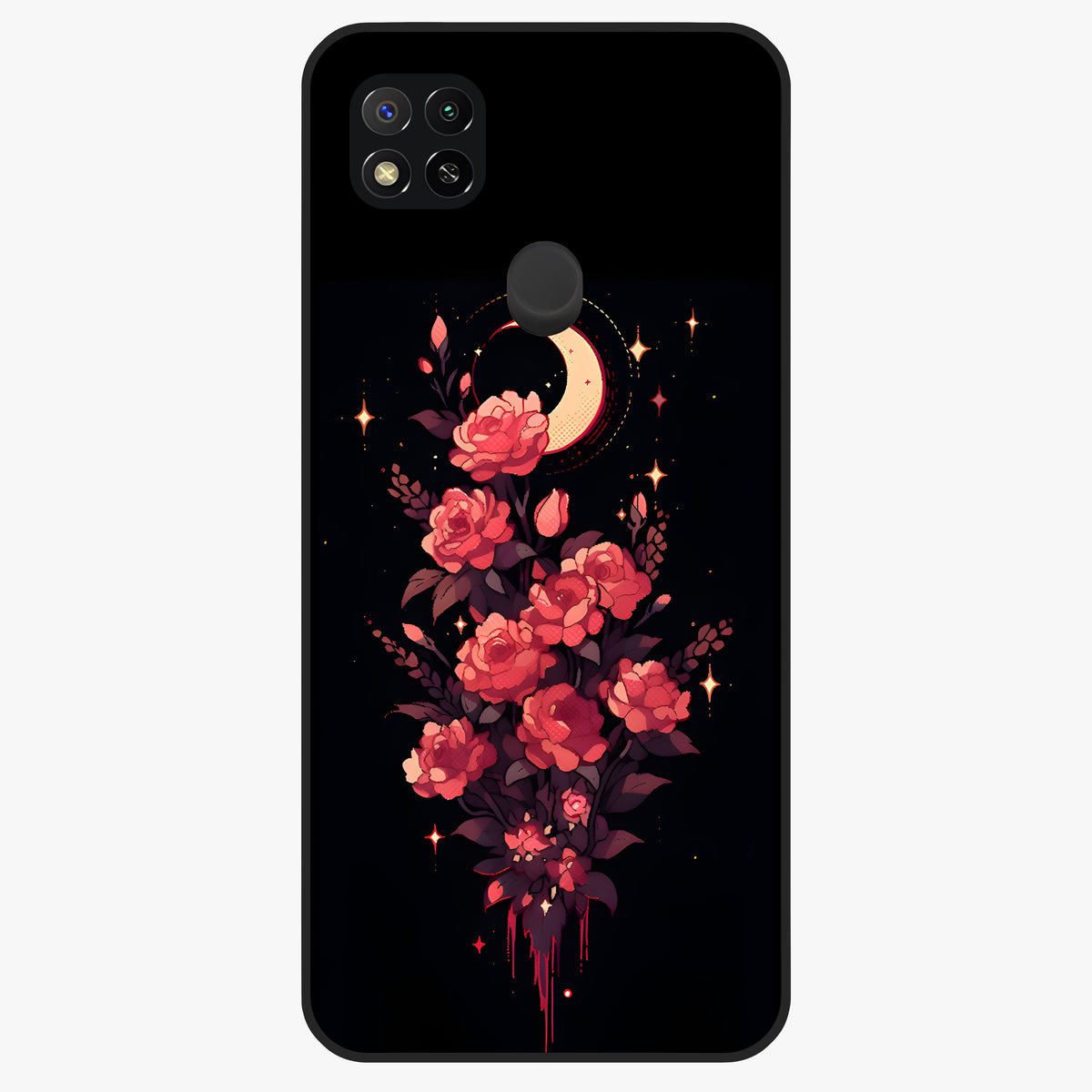 Moonlit Floral Elegance Glass Case showing flat back view with elegant floral artwork under moonlit tones and glossy glass finish.