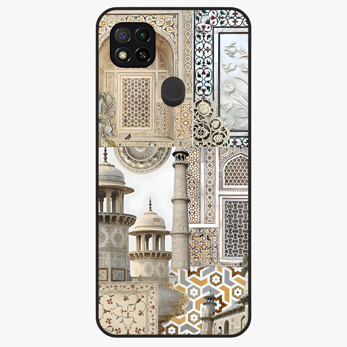Mughal Marble Legacy Glass Case showing flat back view with intricate Mughal inspired marble pattern and glossy glass finish.