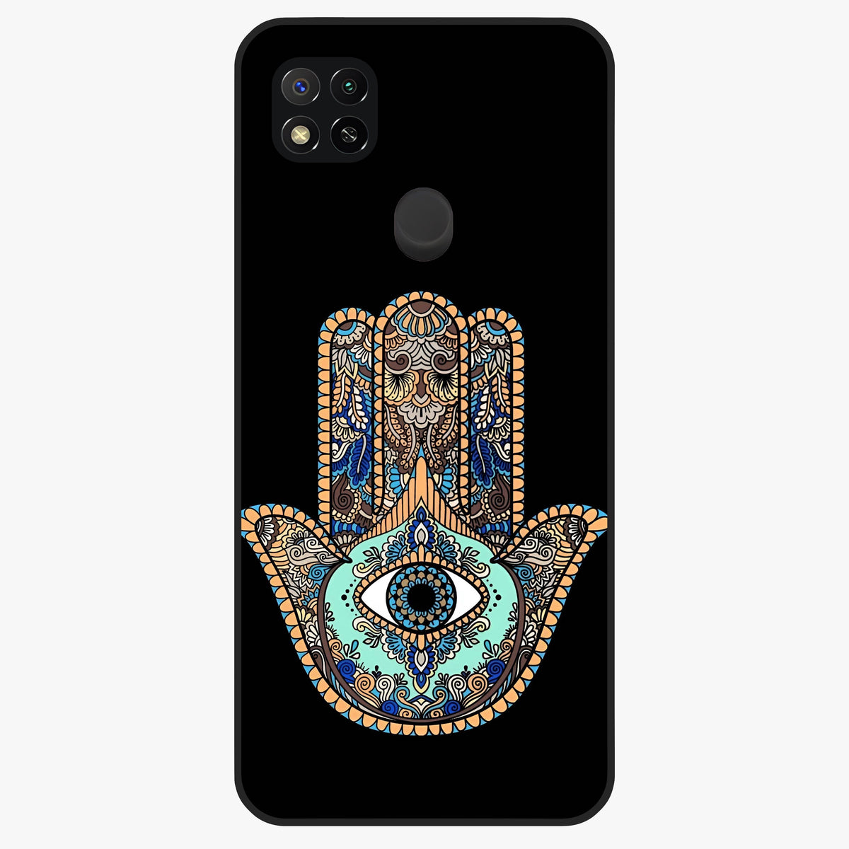 Mystic Hamsa Eye Glass Case showing flat back view with protective hamsa hand and evil eye artwork and glossy glass finish.