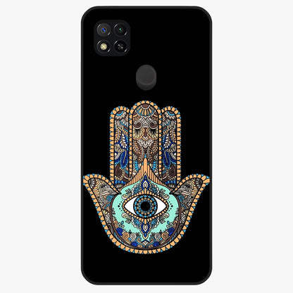 Mystic Hamsa Eye Glass Case showing flat back view with protective hamsa hand and evil eye artwork and glossy glass finish.
