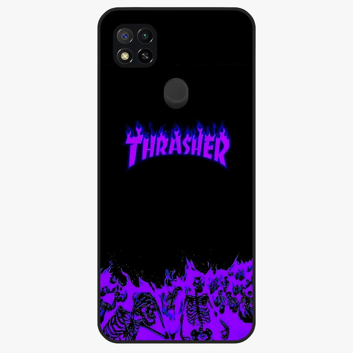 Neon Flame Riot Glass Case showing flat back view with neon flame artwork and glossy glass finish.