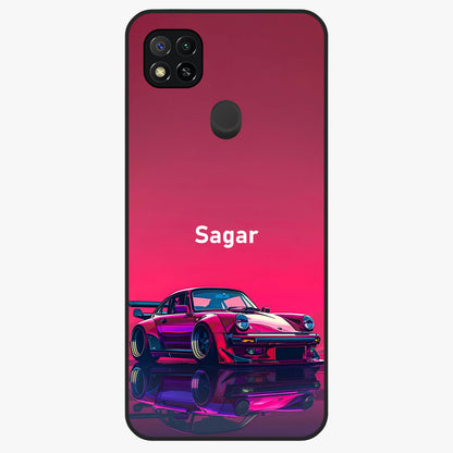 Neon Pink Porsche Glass Case showing flat back view with stylish sports car artwork and glossy glass finish.