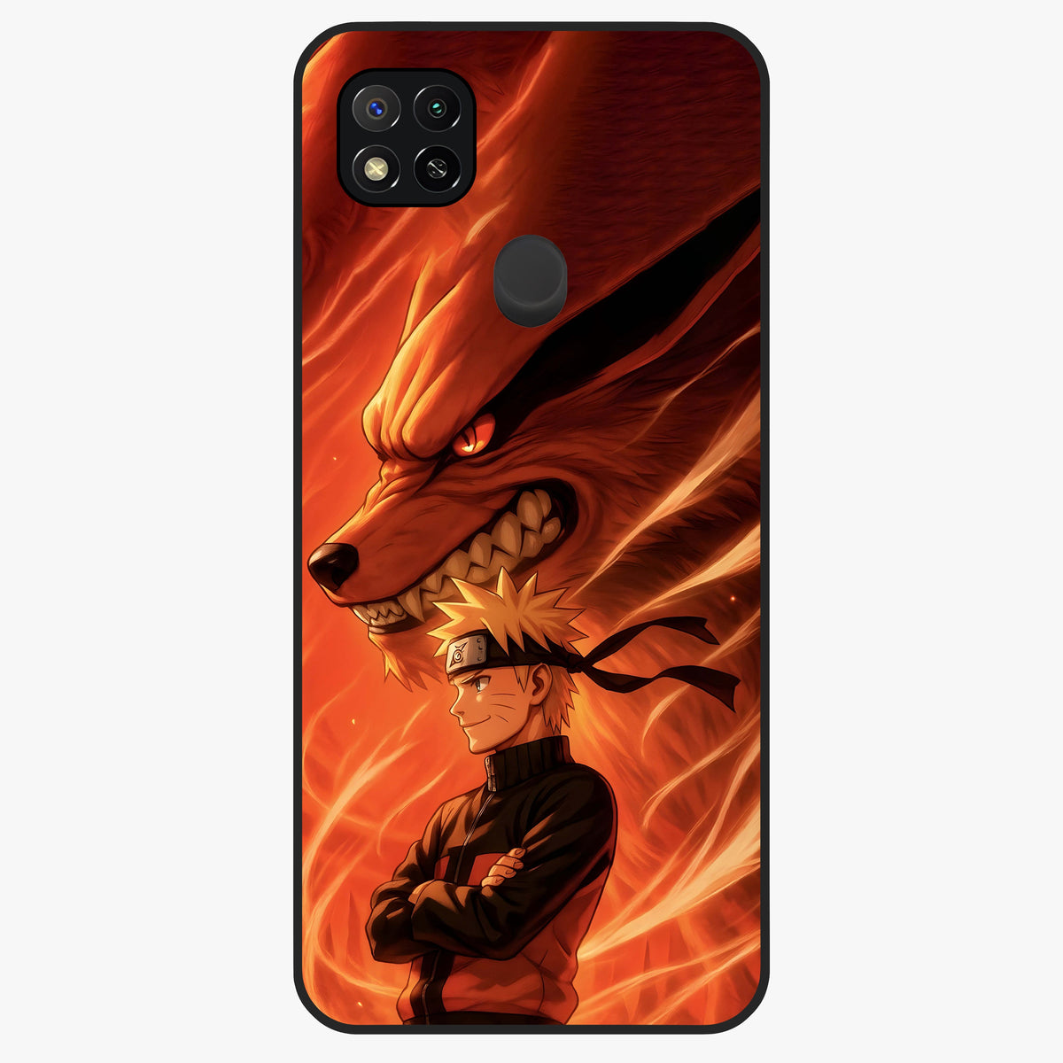 Nine Tails Legacy Glass Case showing flat back view with powerful nine-tailed fox inspired artwork and glossy glass finish.