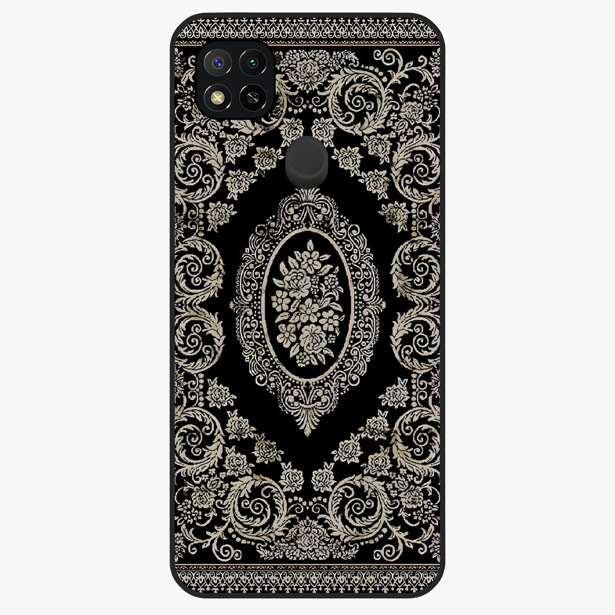 Noir Bloom Elegance Glass Case showing flat back view with elegant dark floral artwork and glossy glass finish.