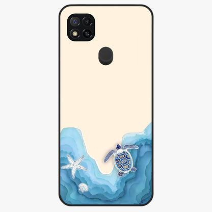 Ocean Drift Turtle Glass Case showing flat back view with sea turtle artwork and glossy glass finish.