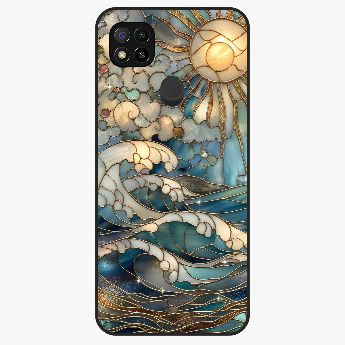 Oceanic Stained Printed Glass Case showing flat back view with ocean inspired stained pattern artwork and glossy glass finish.