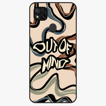 Out Of Mind Glass Case showing flat back view with expressive typography artwork and glossy glass finish.