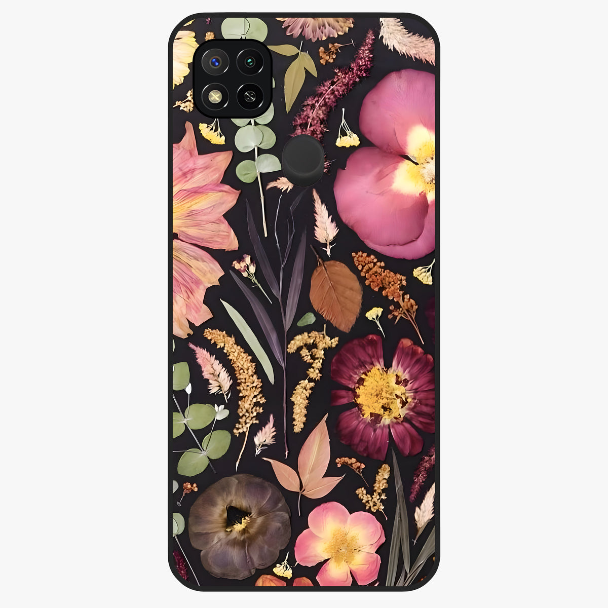 Petal Dream Tapestry Glass Case showing flat back view with intricate floral tapestry artwork and glossy glass finish.