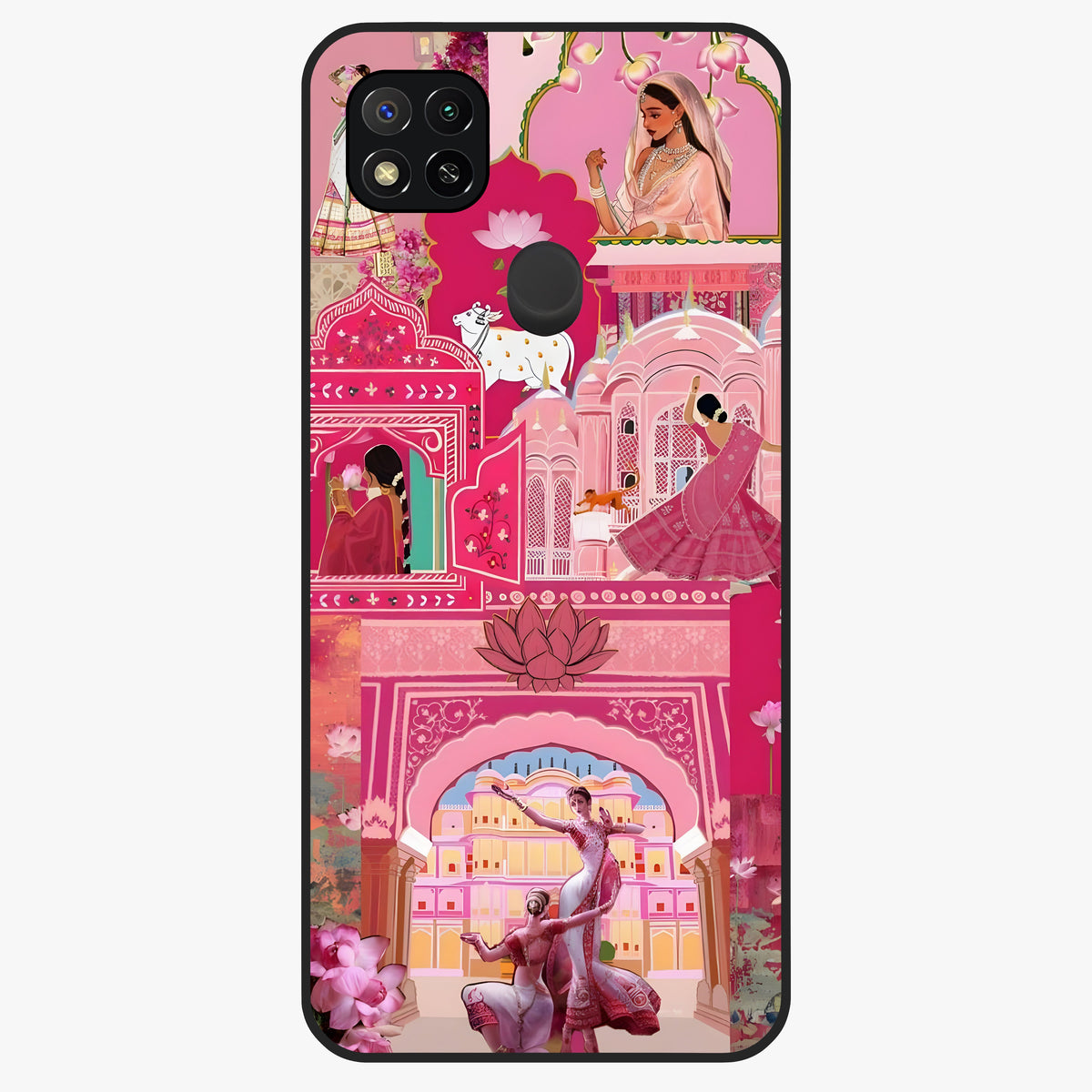 Pink Palace Muse Glass Case showing flat back view with elegant palace inspired artwork and glossy glass finish.
