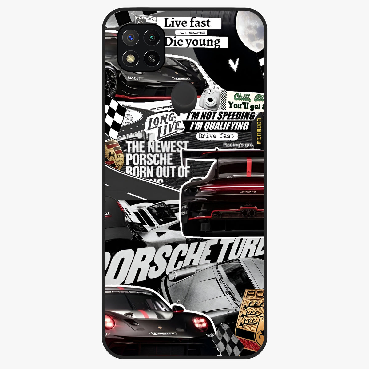 Porsche Racing Collage Glass Case showing flat back view with sports car racing collage artwork and glossy glass finish.