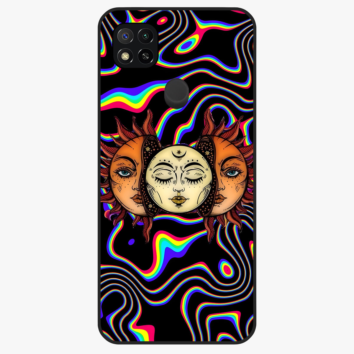 Psychedelic Sun Glass Case showing flat back view with colorful psychedelic sun artwork and glossy glass finish.