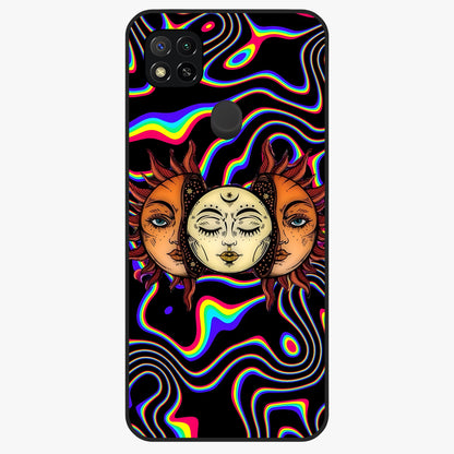 Psychedelic Sun Glass Case showing flat back view with colorful psychedelic sun artwork and glossy glass finish.