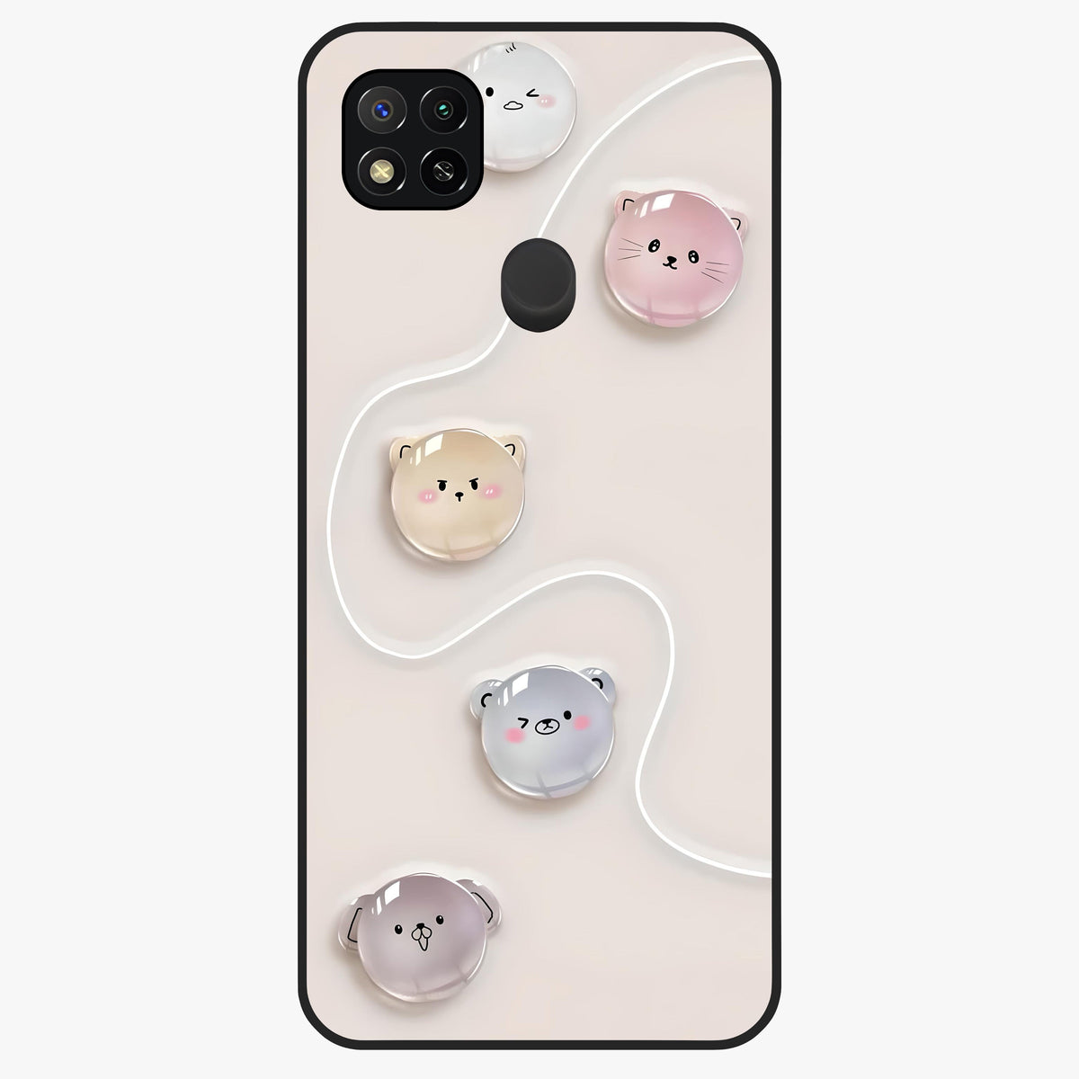 Puffy Face Parade Glass Case showing flat back view with cute puffy character faces artwork and glossy glass finish.
