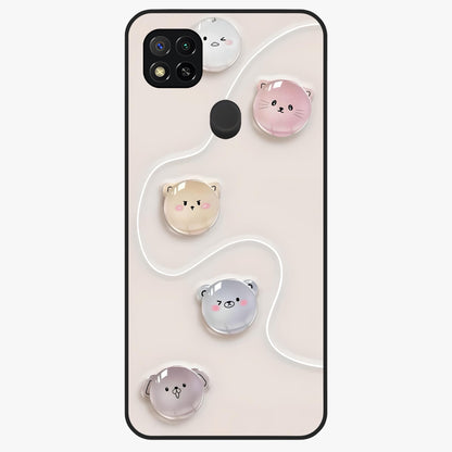 Puffy Face Parade Glass Case showing flat back view with cute puffy character faces artwork and glossy glass finish.