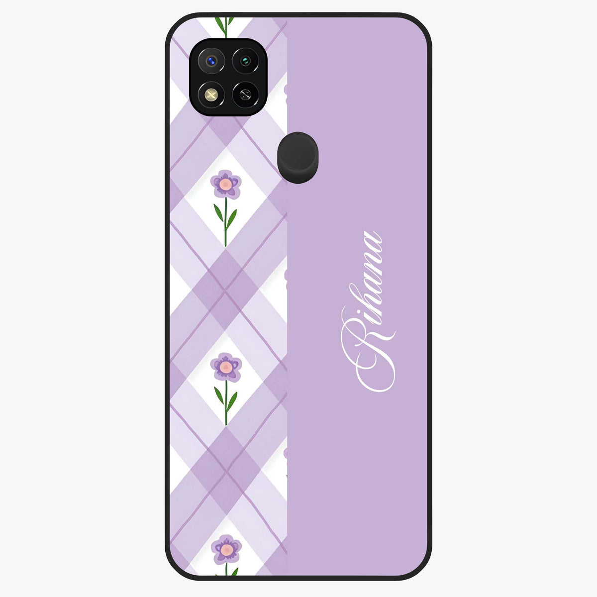 Purple Diamond Floral Glass Case showing flat back view with diamond shaped floral artwork and glossy glass finish.