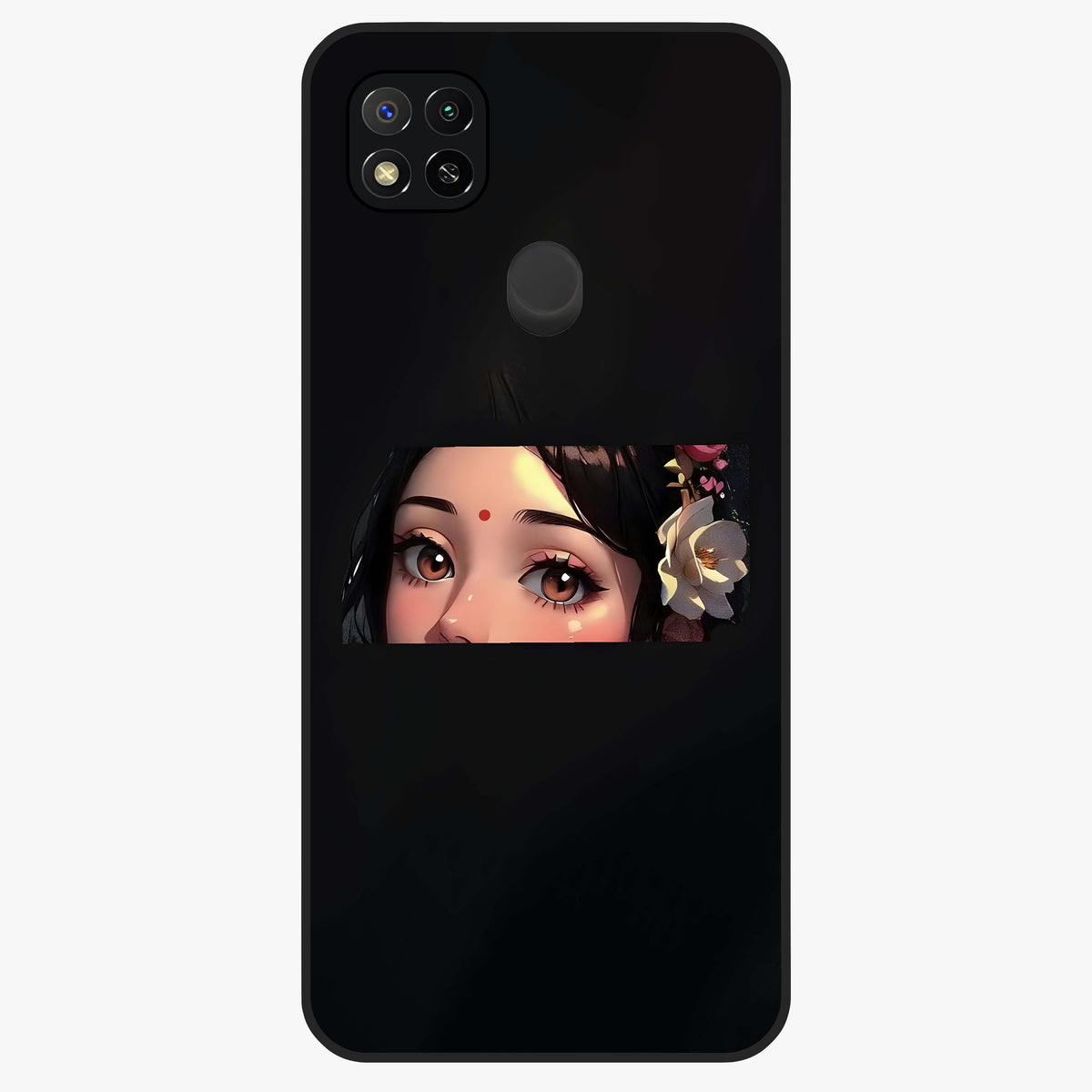 Radha Divine Embrace Glass Case showing flat back view with devotional Radha artwork and glossy glass finish.
