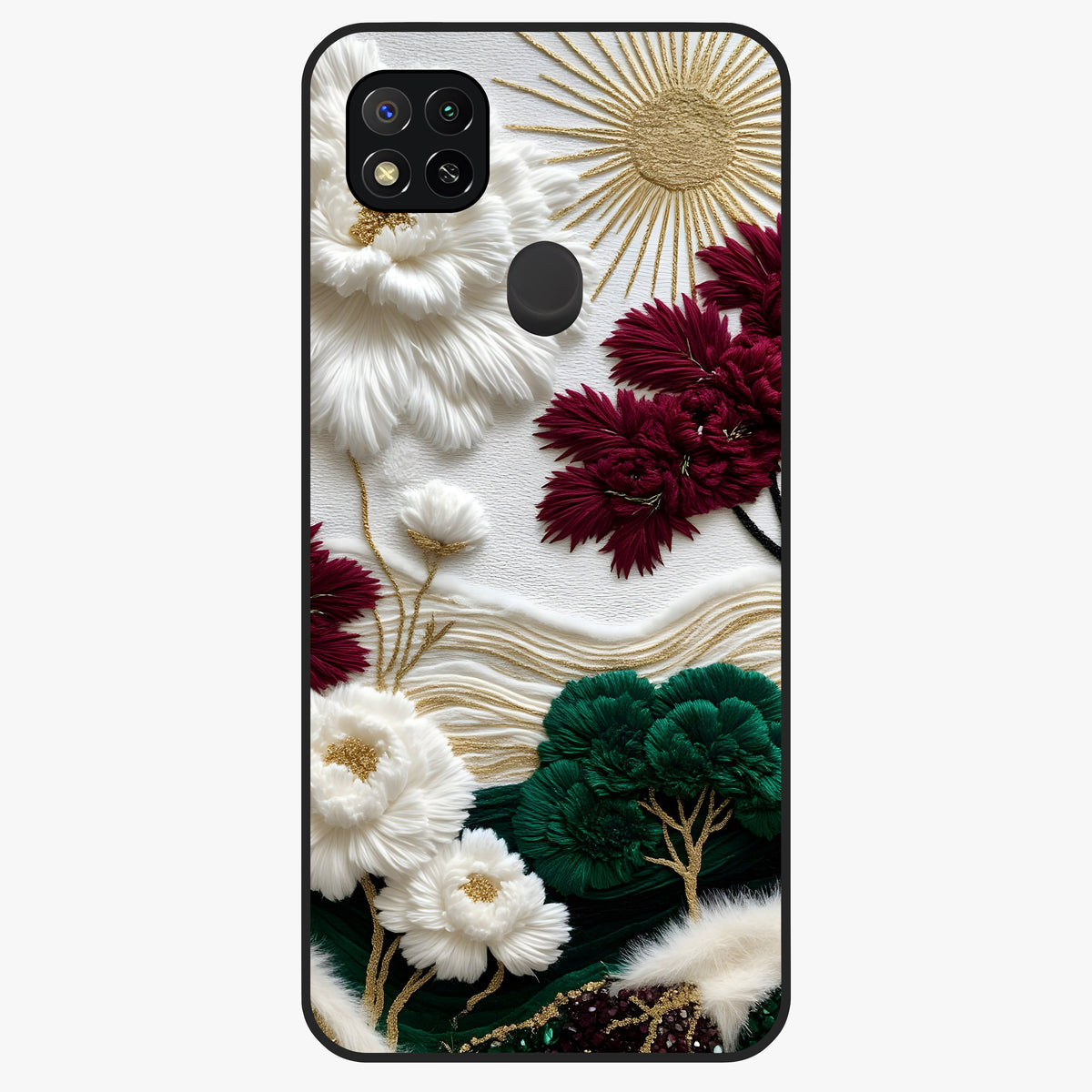 Radiant Bloom Elegance Glass Case showing flat back view with elegant blooming flower artwork and glossy glass finish.