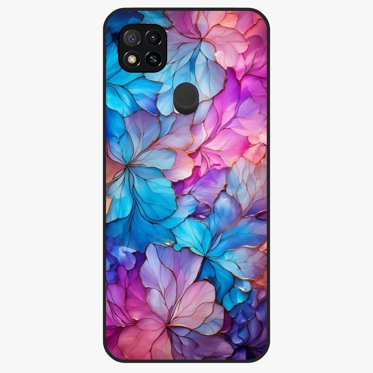 Radiant Floral Whirl Glass Case showing flat back view with swirling floral artwork and glossy glass finish.
