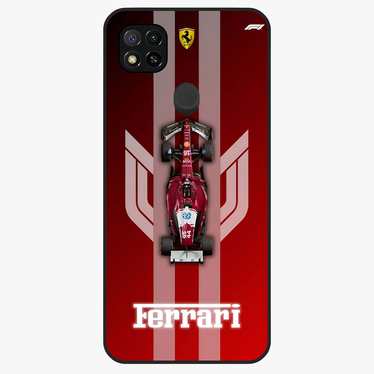 Red Ferrari F1 Vertical Glass Case showing flat back view with sleek Formula racing car artwork and glossy glass finish.