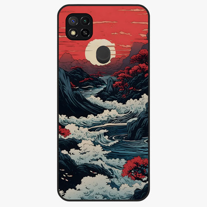 Red Sunset Scenery Glass Case showing flat back view with vibrant sunset landscape artwork and glossy glass finish.