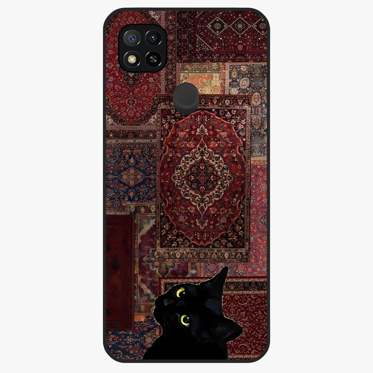 Regal Magic Cat Apple Glass Case showing flat back view with magical cat artwork holding apple and glossy glass finish.