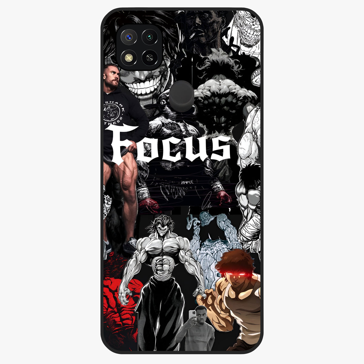 Relentless Power Focus Glass Case showing flat back view with motivational typography artwork and glossy glass finish.