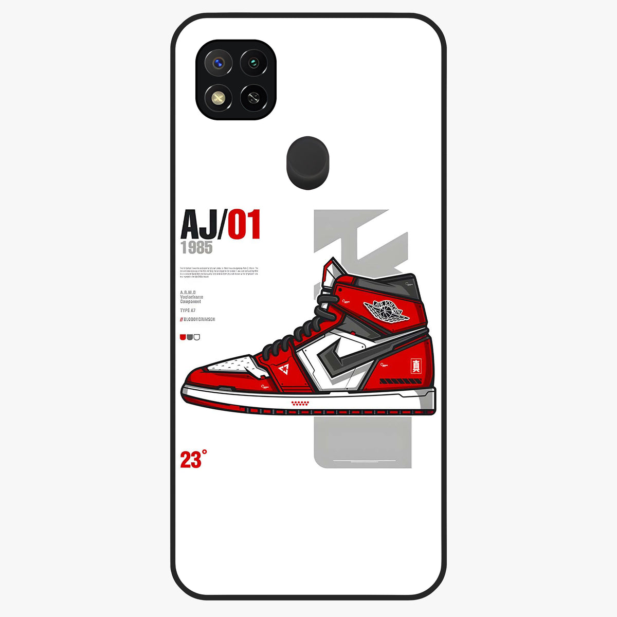 Retro Sneaker Blueprint Glass Case showing flat back view with sneaker blueprint style artwork and glossy glass finish.