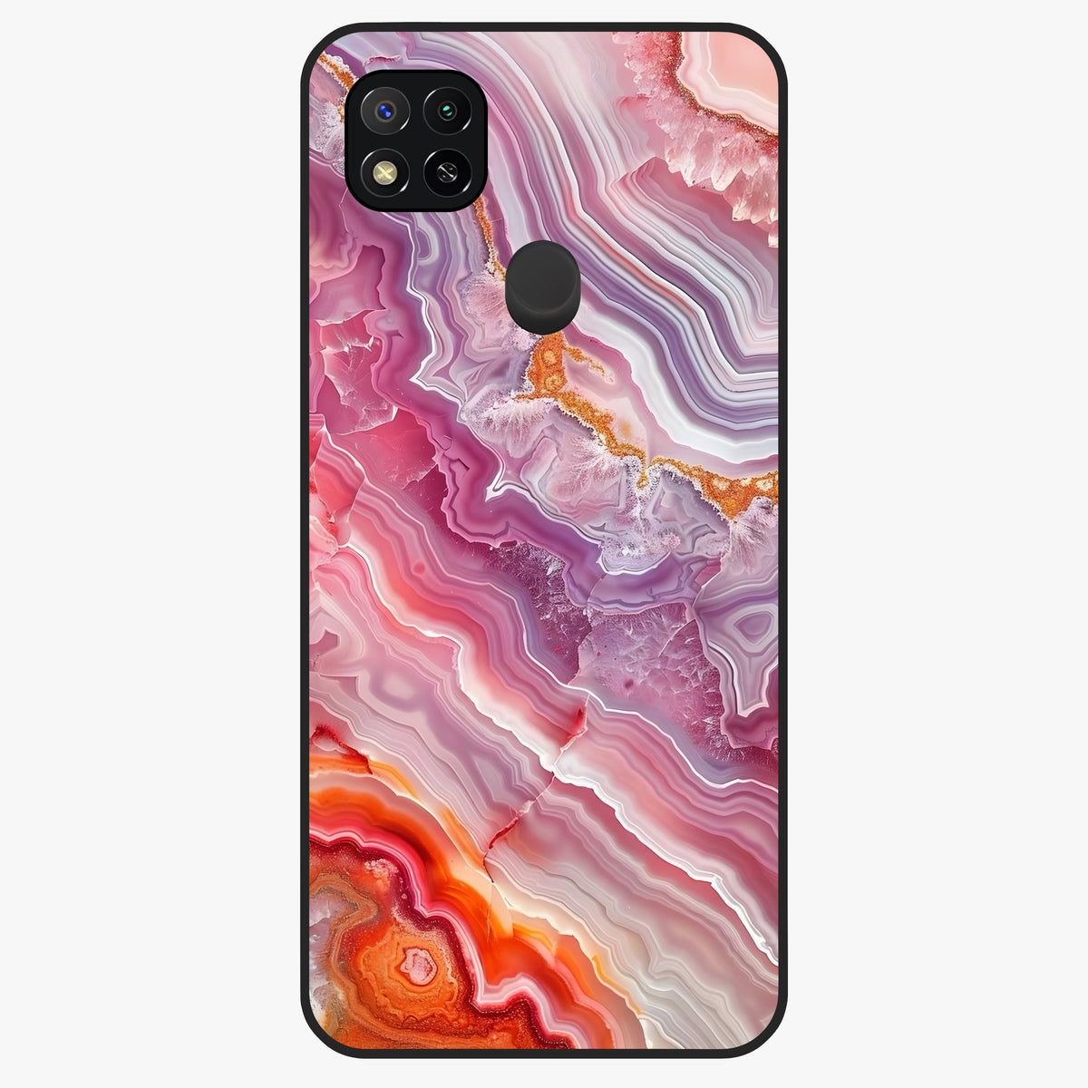 Rose Quartz Marble Glass Case showing flat back view with pink marble quartz texture artwork and glossy glass finish.