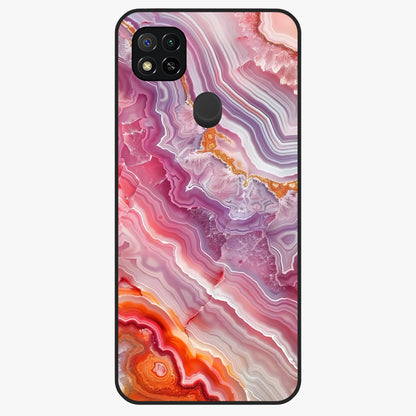 Rose Quartz Marble Glass Case showing flat back view with pink marble quartz texture artwork and glossy glass finish.